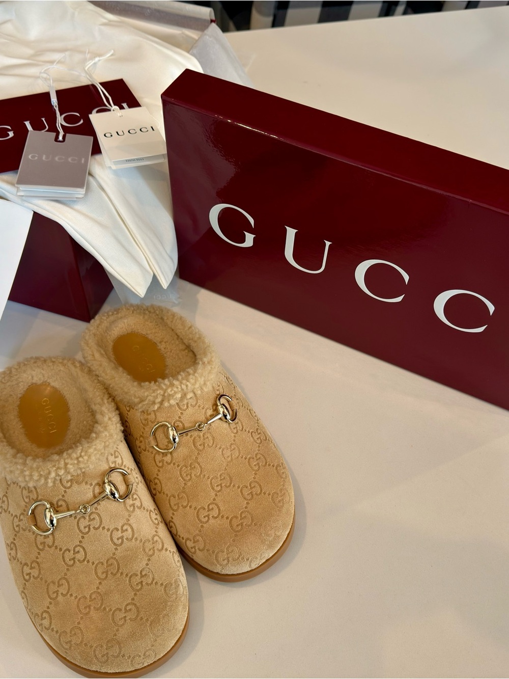Gucci Beige Shearling-Trim GG Suede Horsebit Mules